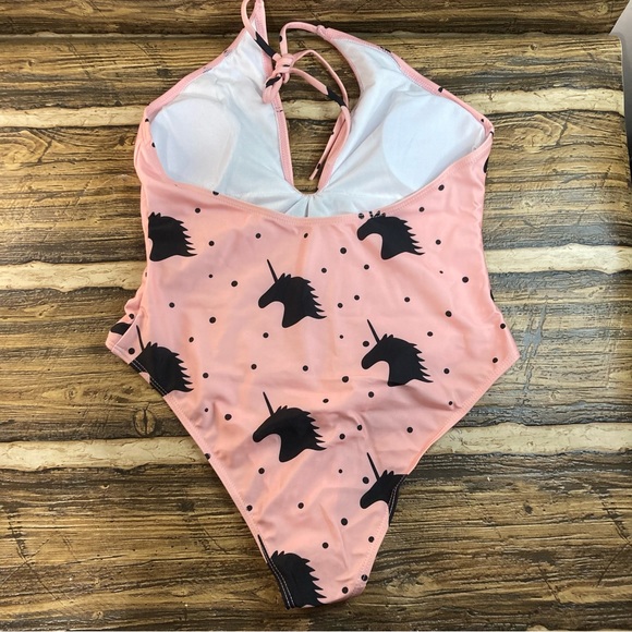 1 pc women’s swimsuit plunging neckline pink with black polka dot & unicorn NWOT - Picture 3 of 9